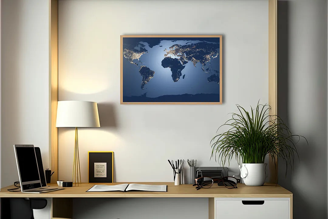 Metalen Magneetbord met afbeelding van nachtkaart van de aarde met lichtjes in nachtblauw kleuren