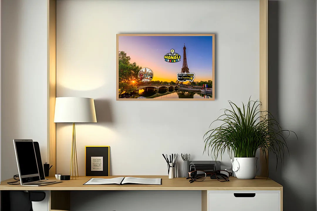 Metalen Magneetbord met afbeelding van Eiffeltoren aan de rivier in warme zonsondergang kleuren