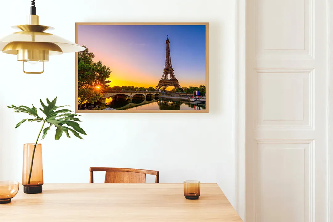 Metalen Magneetbord met afbeelding van Eiffeltoren aan de rivier in warme zonsondergang kleuren