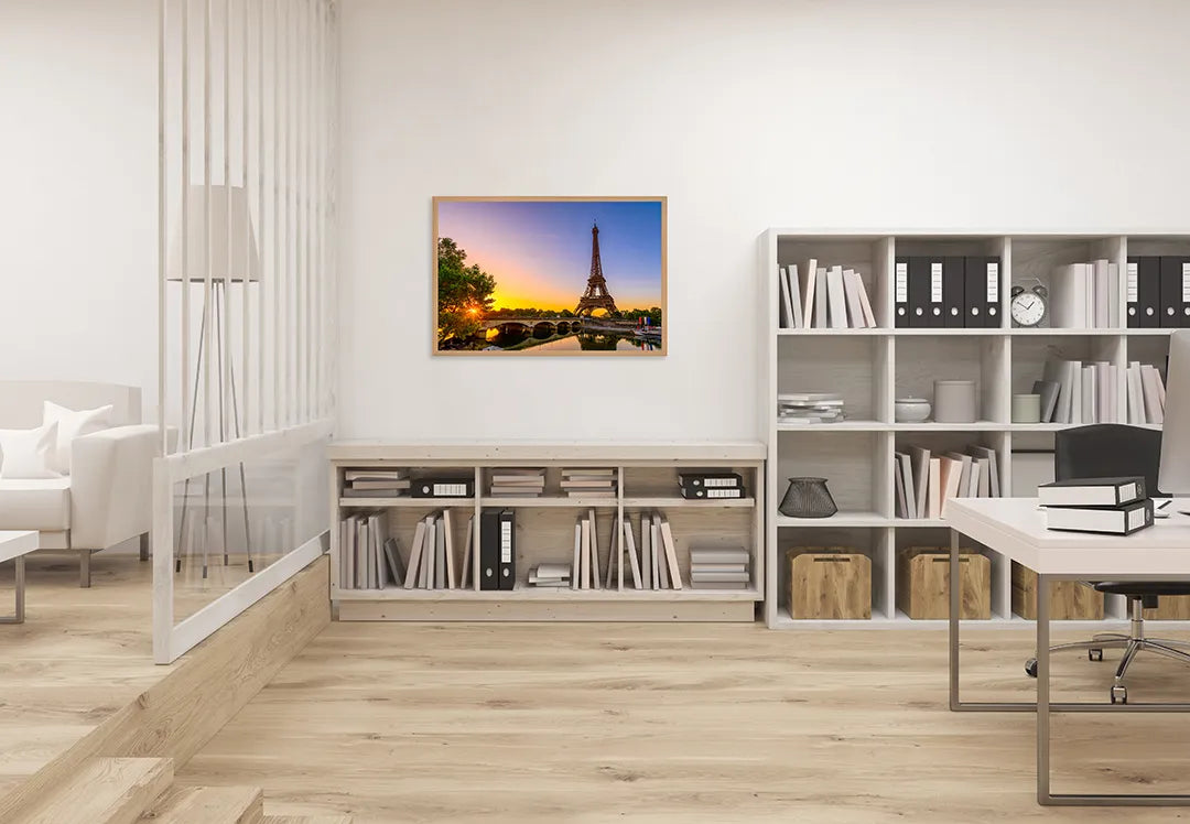 Metalen Magneetbord met afbeelding van Eiffeltoren aan de rivier in warme zonsondergang kleuren