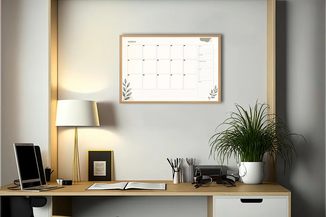 Metalen Magneetbord met functionele overzichts planner en decoratieve, zachte groene eucalyptus takjes