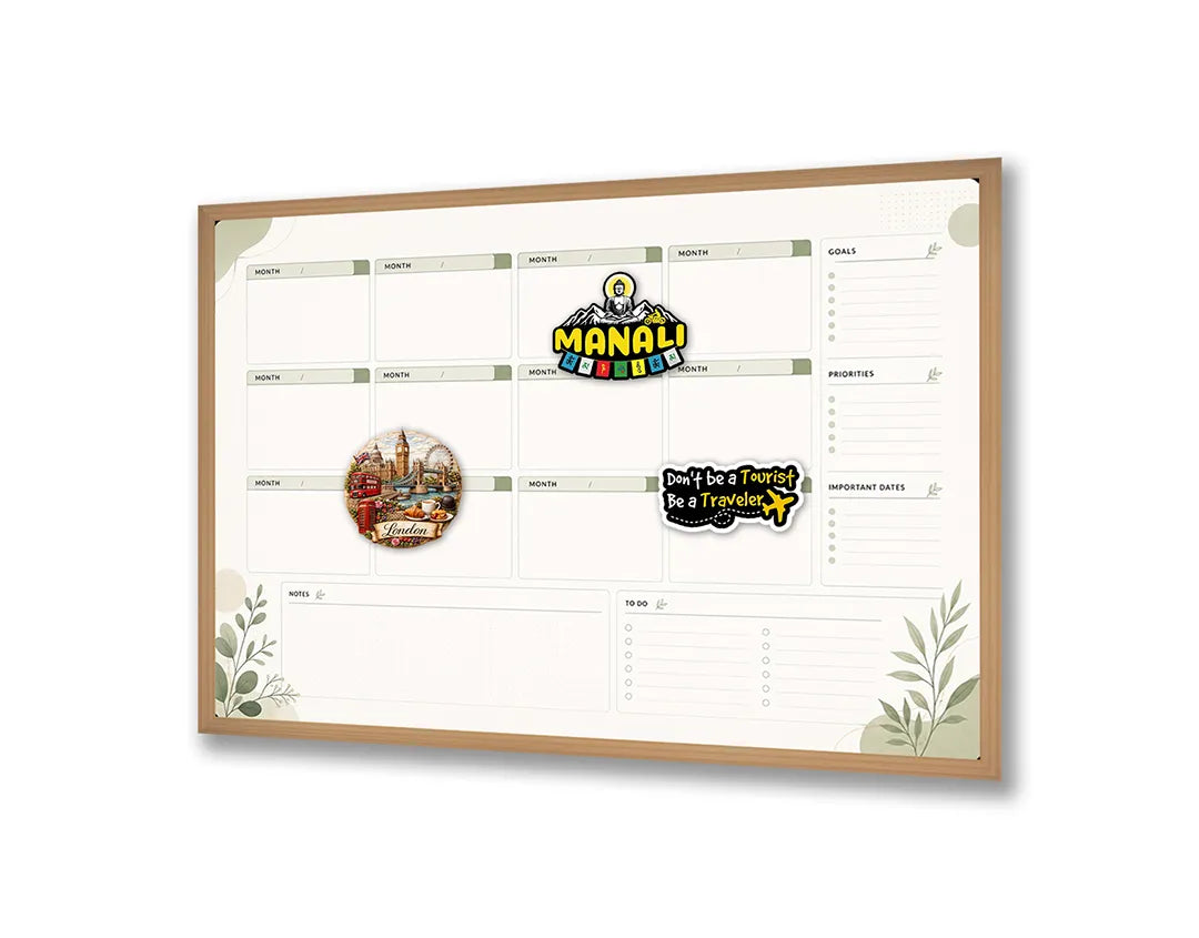 Metalen Magneetbord met overzichtelijke strakke planner omlijst door elegante groene botanische randen