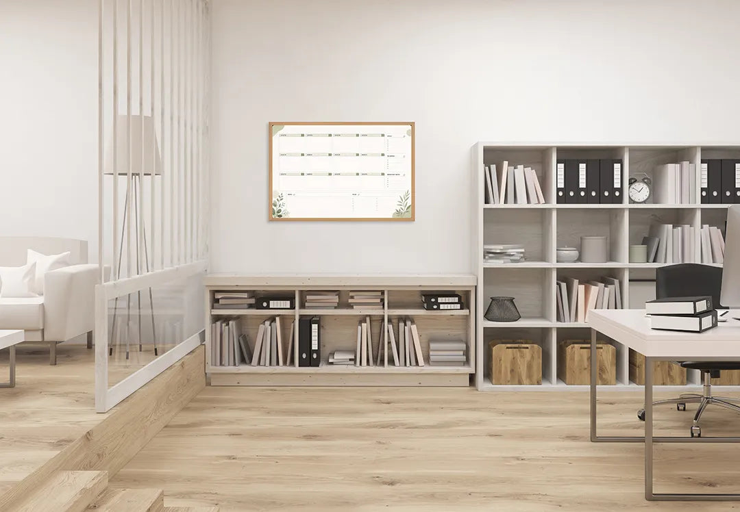 Metalen Magneetbord met overzichtelijke strakke planner omlijst door elegante groene botanische randen