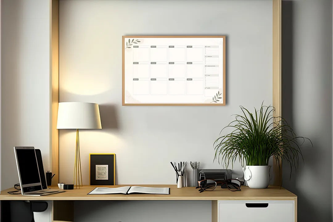 Metalen Magneetbord met klassieke maandplanner uitgevoerd in een tijdloze en zeer neutrale vormgeving