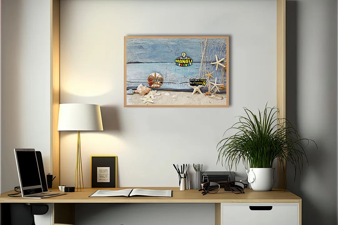 Metalen Magneetbord met prachtige zeesterren op een authentiek verweerde en rustieke blauwe houten planken achtergrond