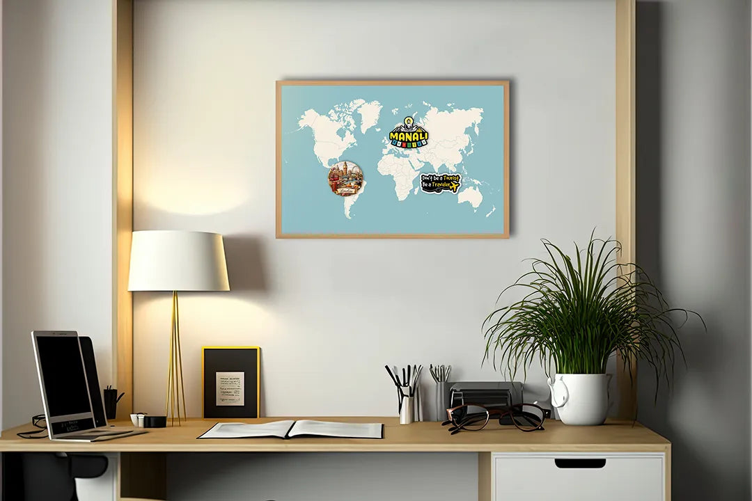 Metalen Magneetbord met print van Wereldkaart pastel blauw perfect als decoratie