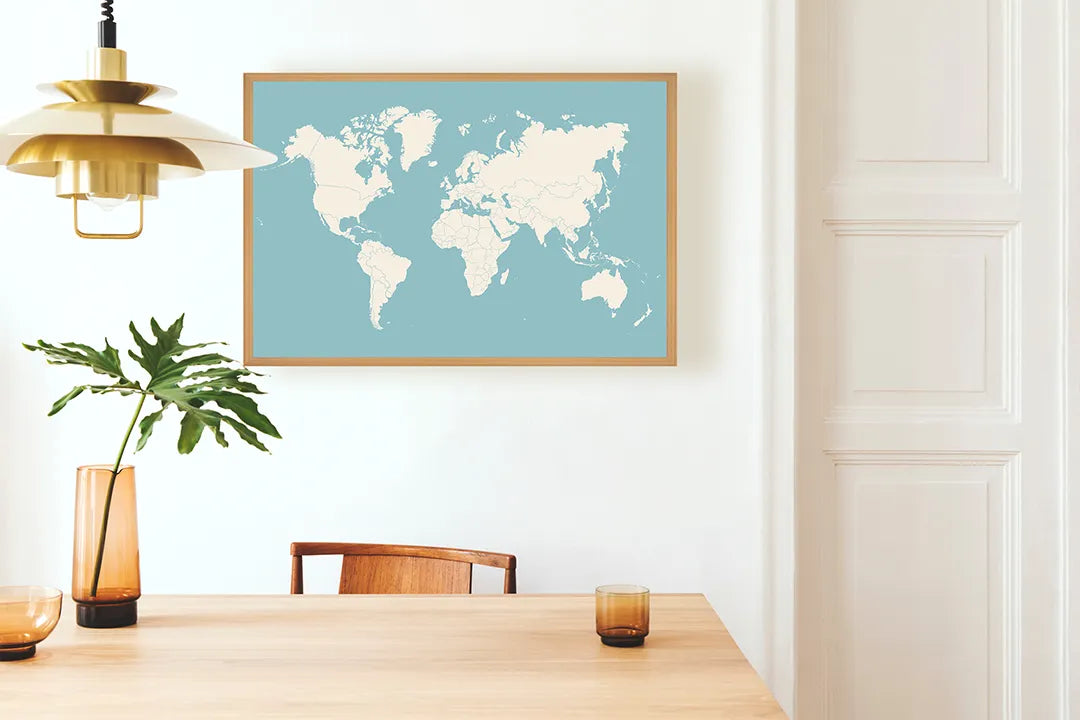 Metalen Magneetbord met print van Wereldkaart pastel blauw perfect als decoratie