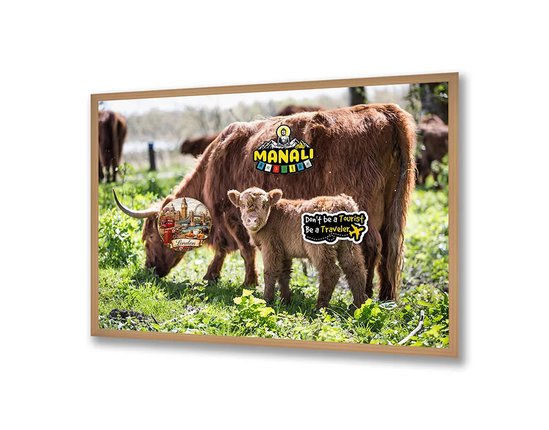 Metalen Magneetbord met imposante Schotse Hooglanders grazend in een groen en weids weiland