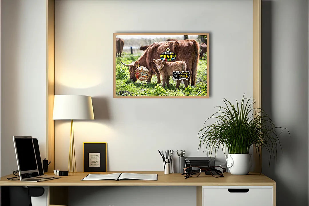 Metalen Magneetbord met imposante Schotse Hooglanders grazend in een groen en weids weiland