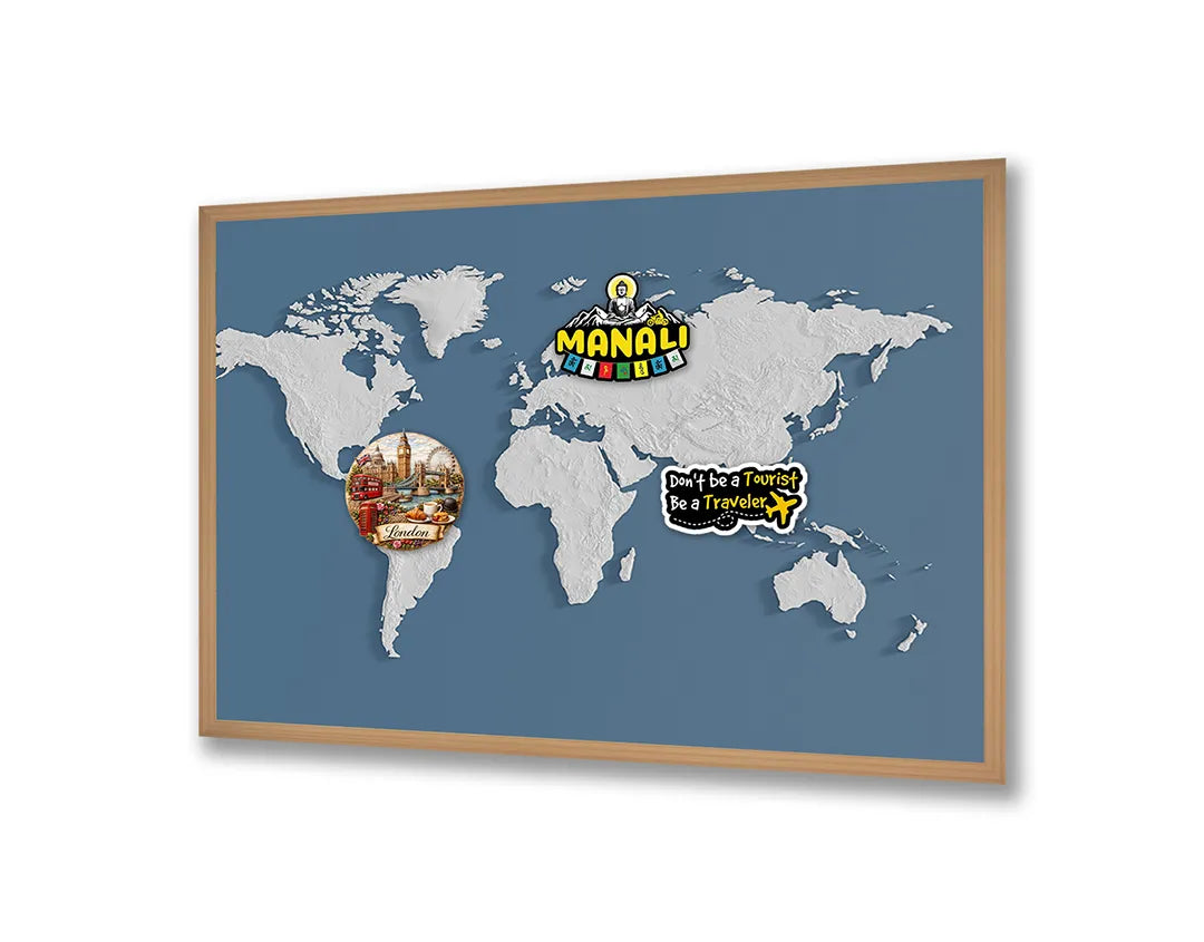 Metalen Magneetbord met print van Wereldkaart blauw perfect als decoratie