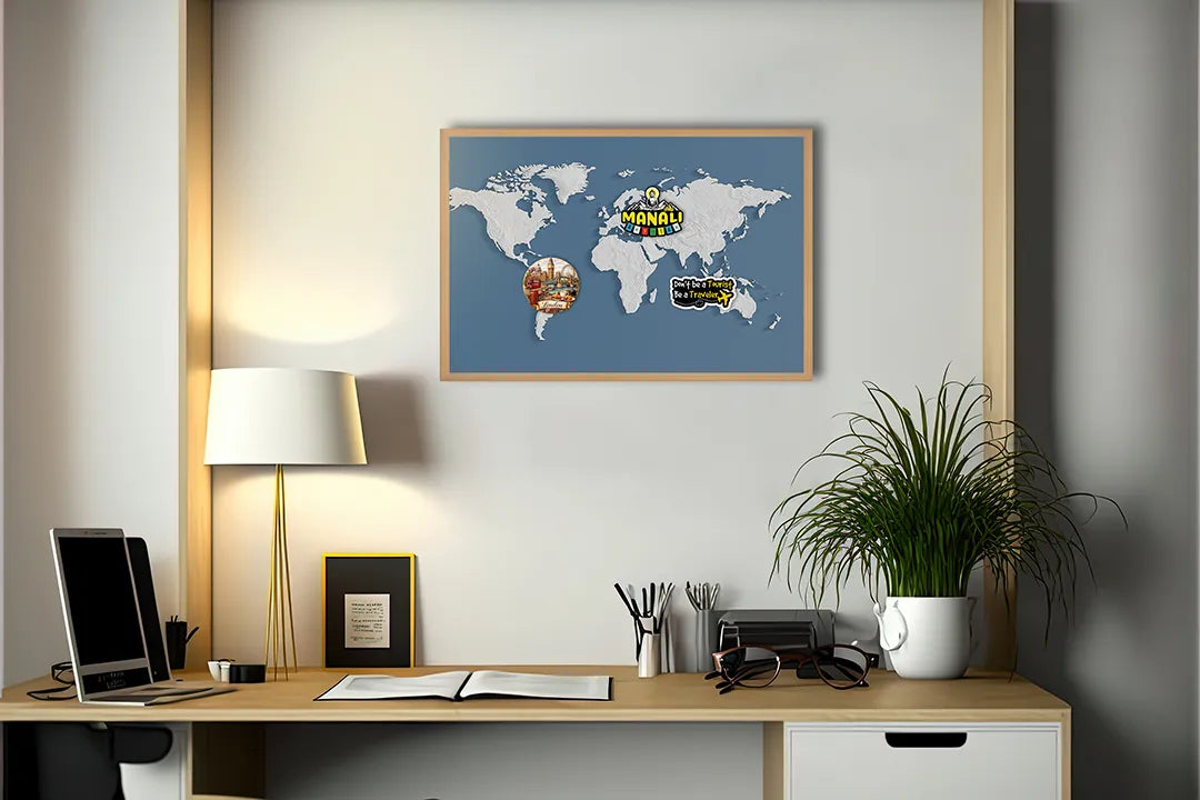 Metalen Magneetbord met print van Wereldkaart blauw perfect als decoratie