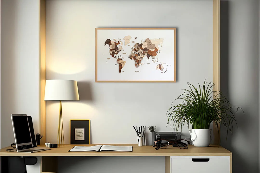 Metalen Magneetbord met print van Houten wereldkaart perfect als decoratie