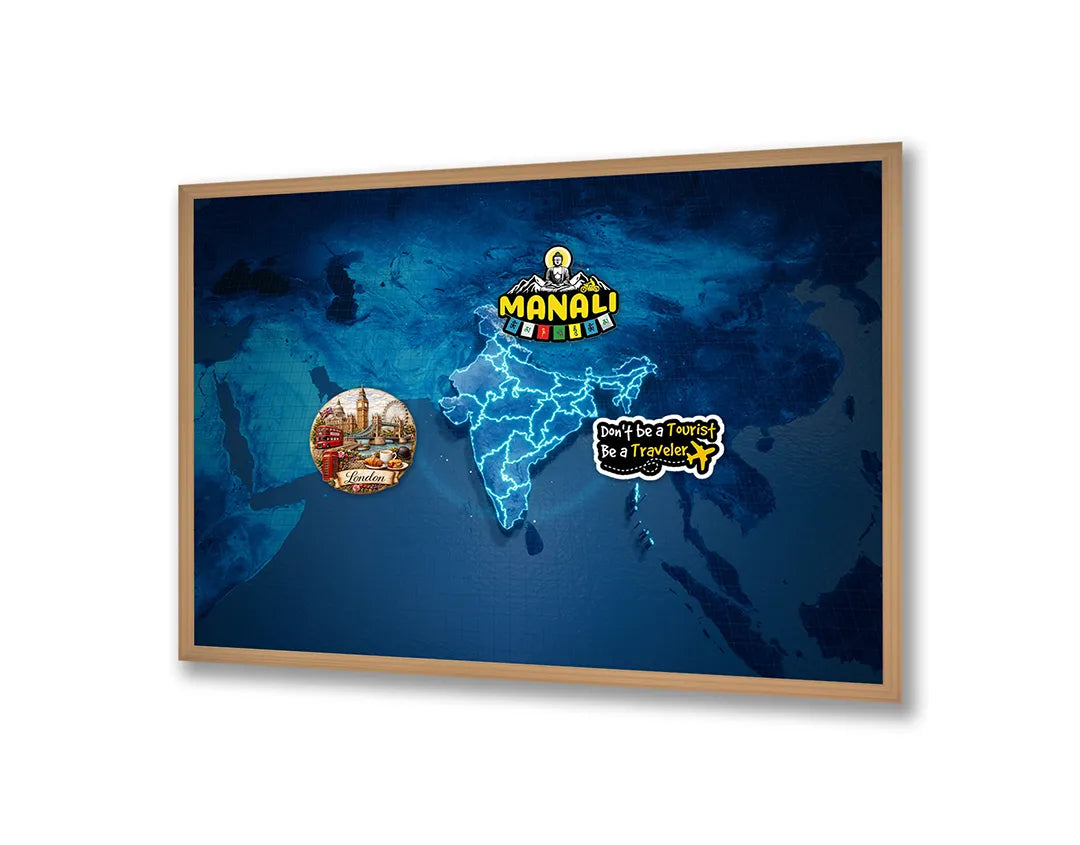 Metalen Magneetbord met print van Wereldkaart donkerblauw neon perfect als decoratie