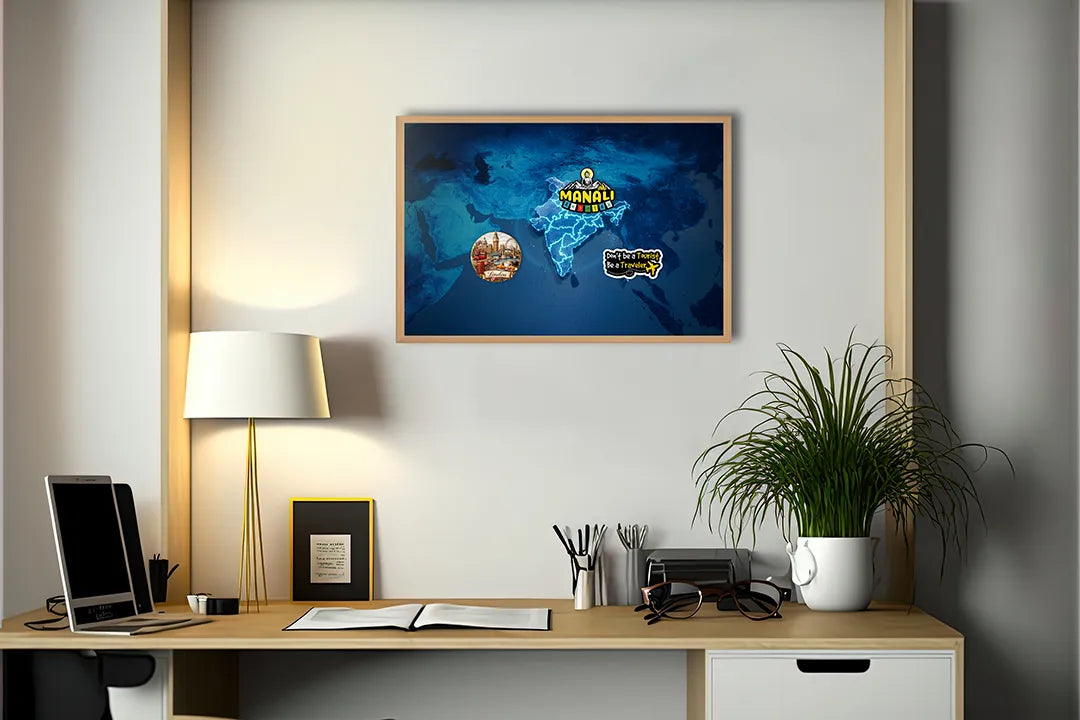 Metalen Magneetbord met print van Wereldkaart donkerblauw neon perfect als decoratie