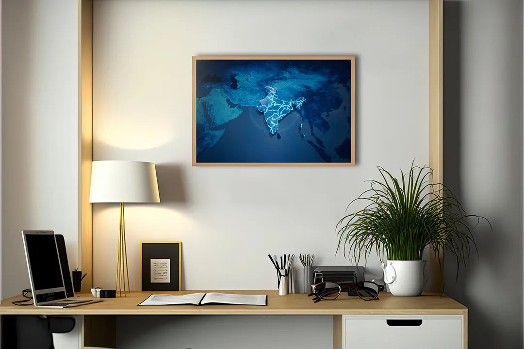 Metalen Magneetbord met print van Wereldkaart donkerblauw neon perfect als decoratie