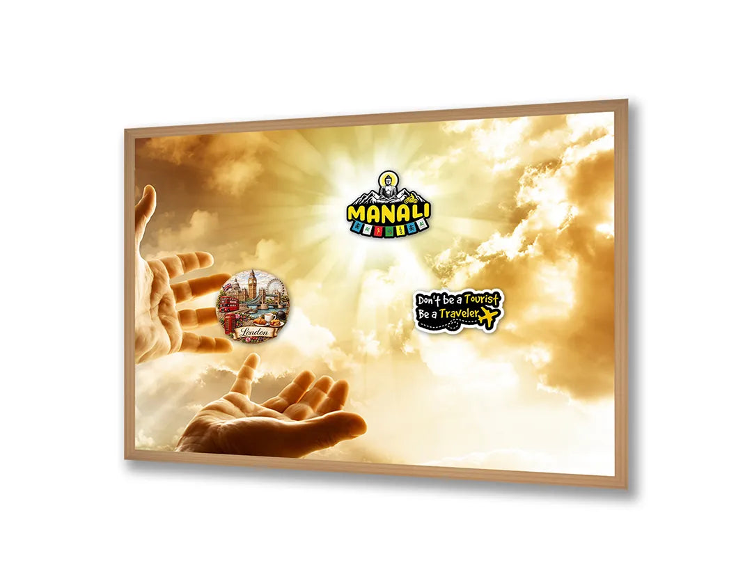 Metalen Magneetbord met afbeelding van handen reikend naar de zon in goud en geel kleuren