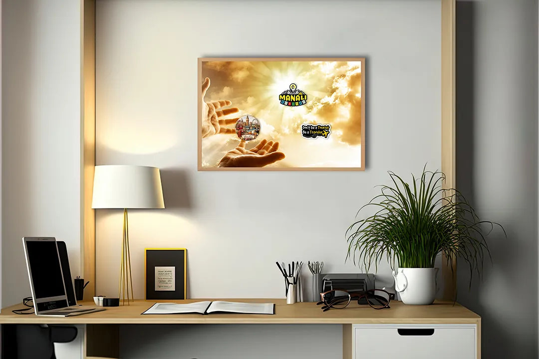 Metalen Magneetbord met afbeelding van handen reikend naar de zon in goud en geel kleuren