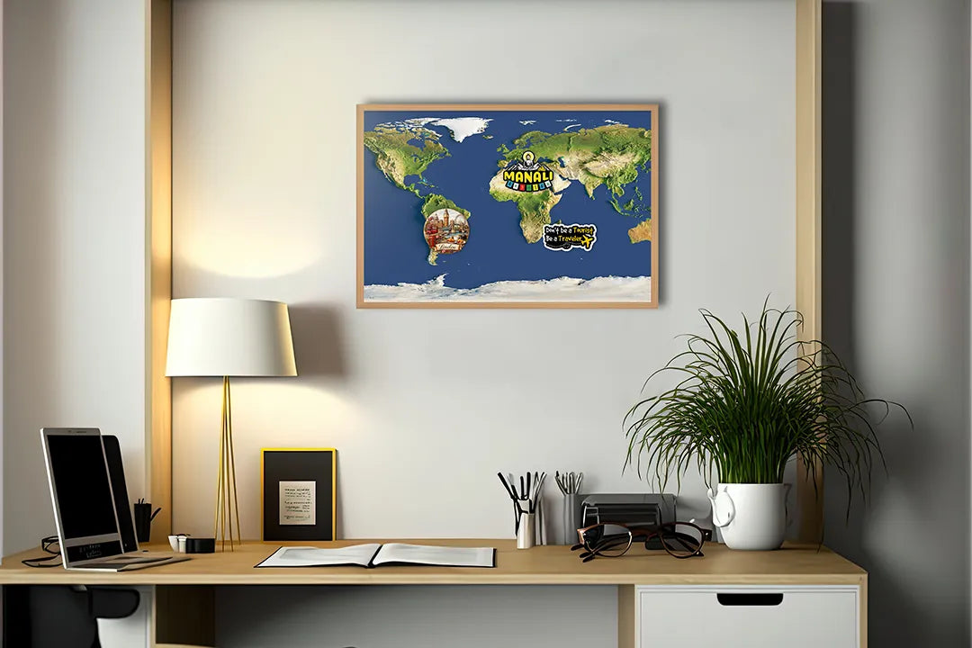 Metalen Magneetbord met print van Wereldkaart blauw landschap perfect als decoratie