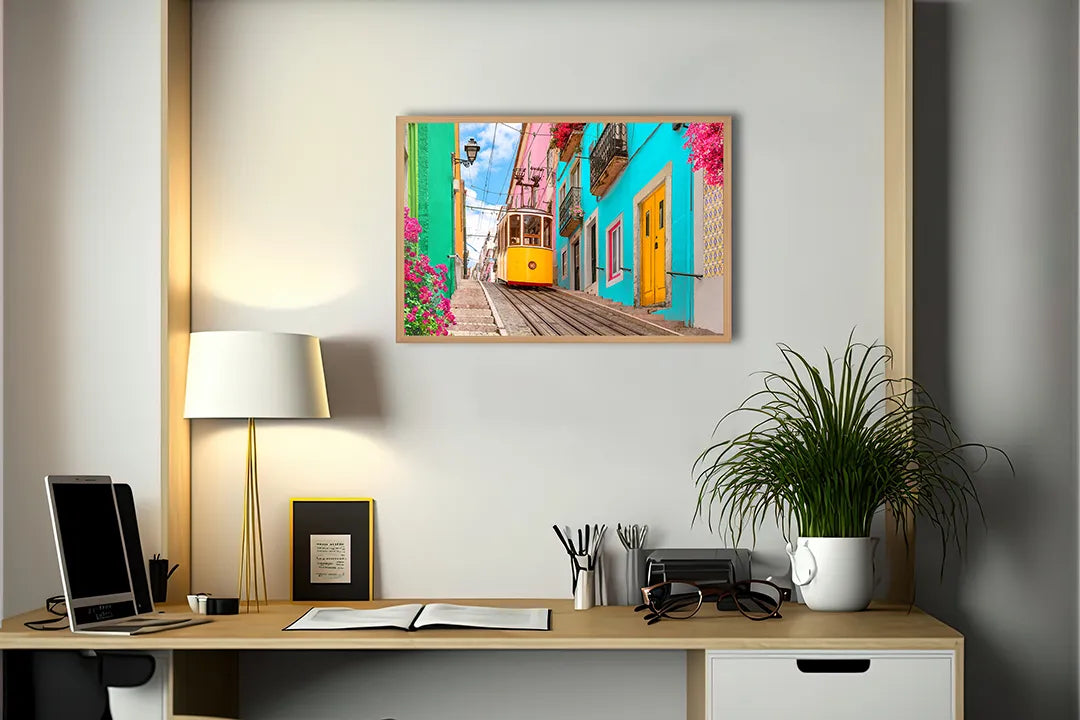 Metalen Magneetbord met print van Gele tram Lissabon perfect als decoratie