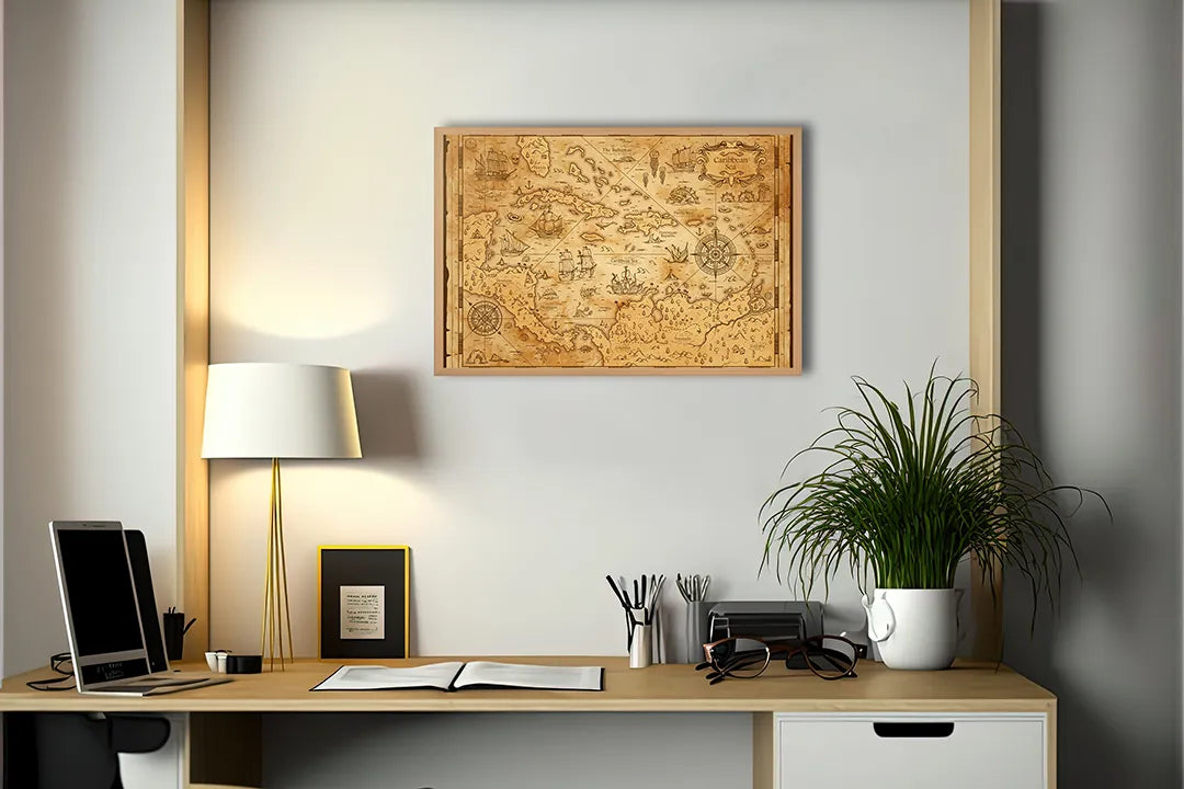 Metalen Magneetbord met print van Piratenkaart geel perfect als decoratie