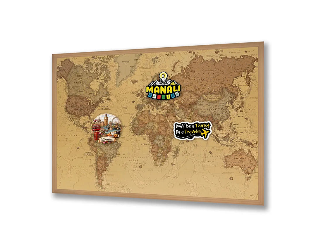Metalen Magneetbord met afbeelding van klassieke wereldkaart in warm bruin kleuren