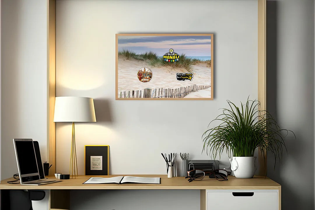 Metalen Magneetbord met afbeelding van strand duinen met helmgras in zand en groen kleuren