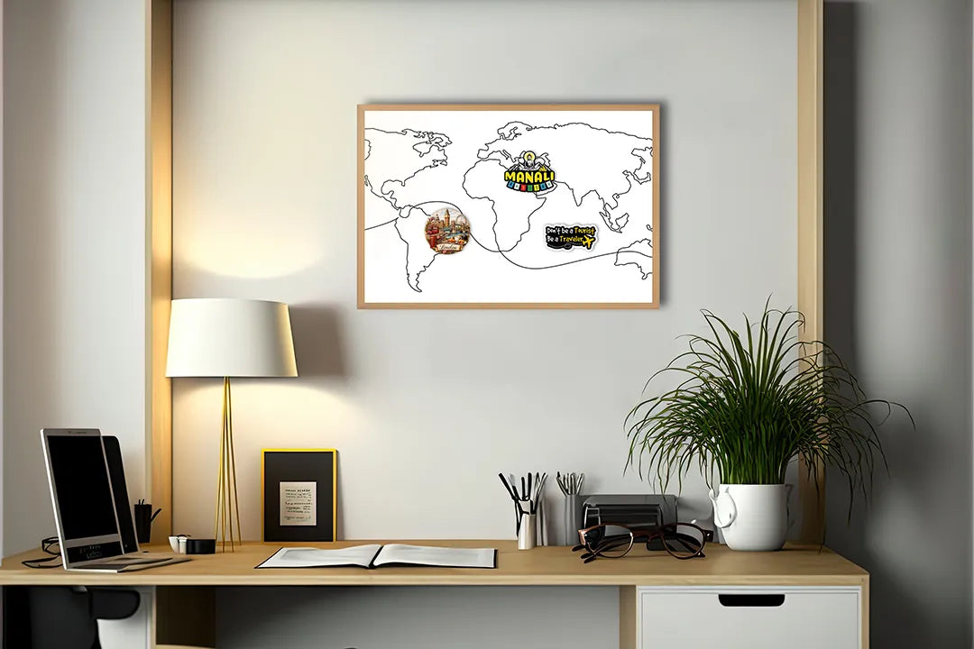 Metalen Magneetbord met print van Wereldkaart zwarte lijnen perfect als decoratie