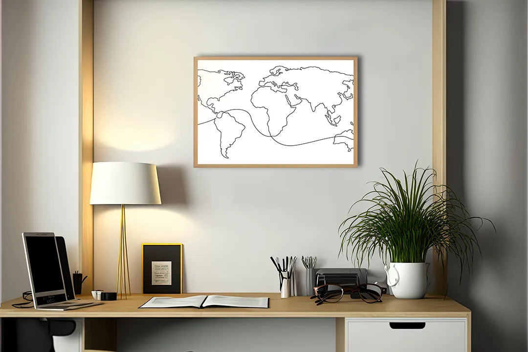 Metalen Magneetbord met print van Wereldkaart zwarte lijnen perfect als decoratie