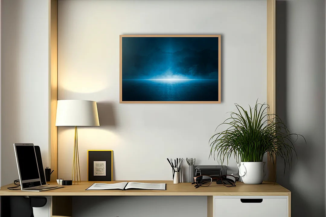 Metalen Magneetbord met print van Blauw licht in duisternis perfect als decoratie