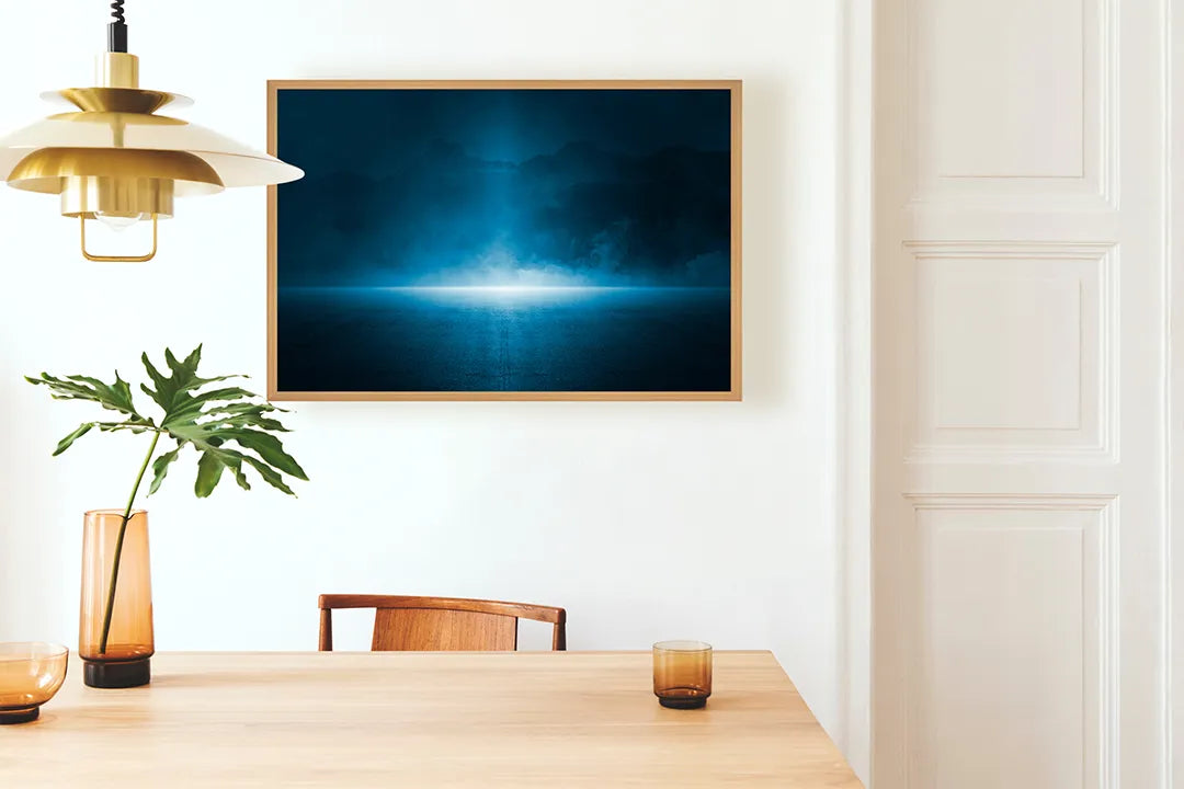 Metalen Magneetbord met print van Blauw licht in duisternis perfect als decoratie