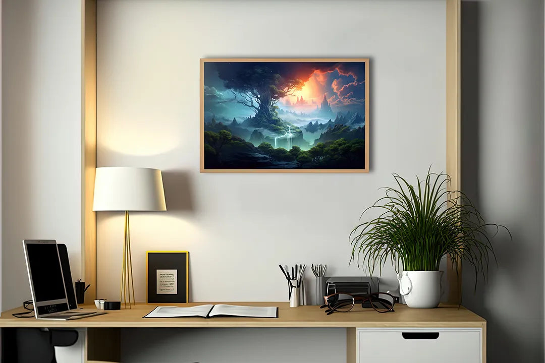 Metalen Magneetbord met print van Magisch bos zonsondergang perfect als decoratie