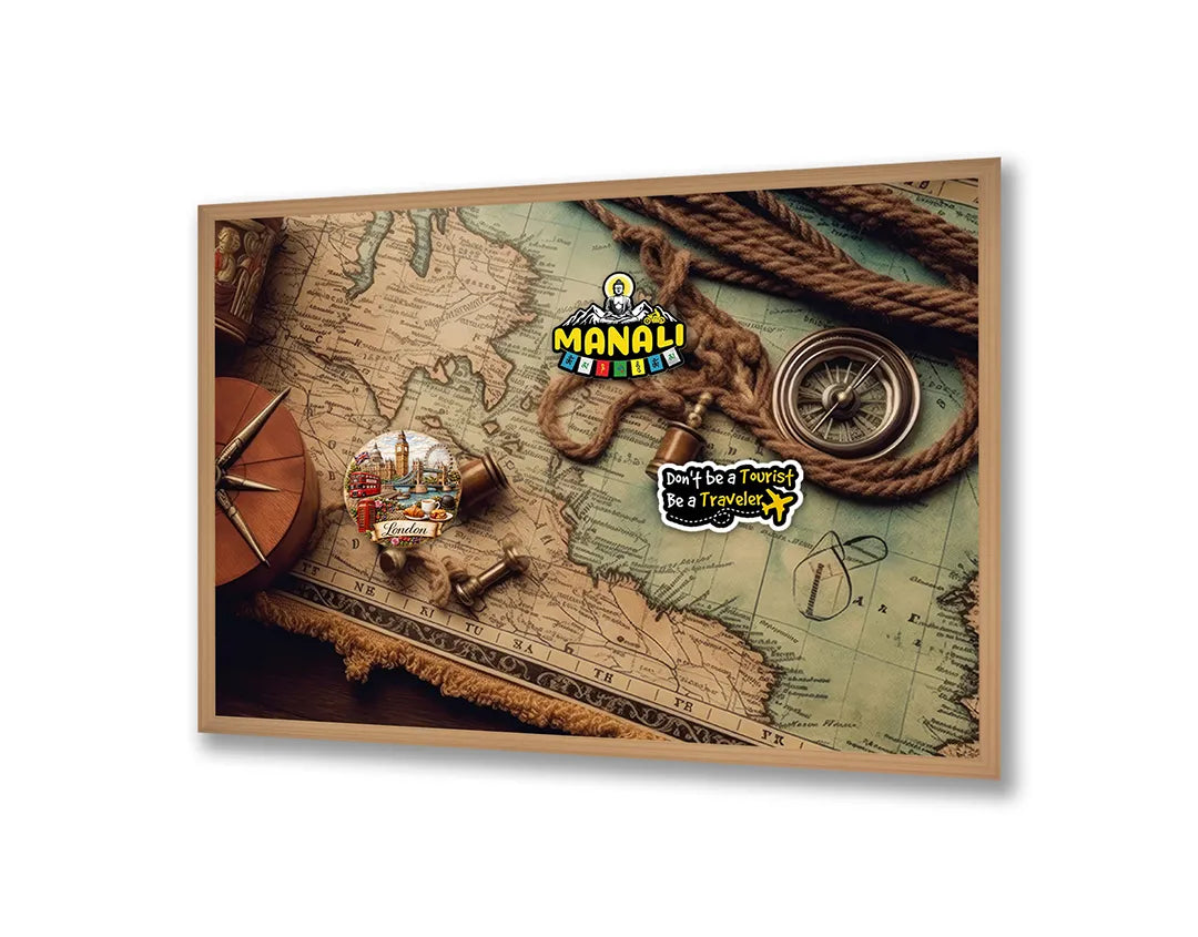 Metalen Magneetbord met print van Wereldkaart hout kompas perfect als decoratie