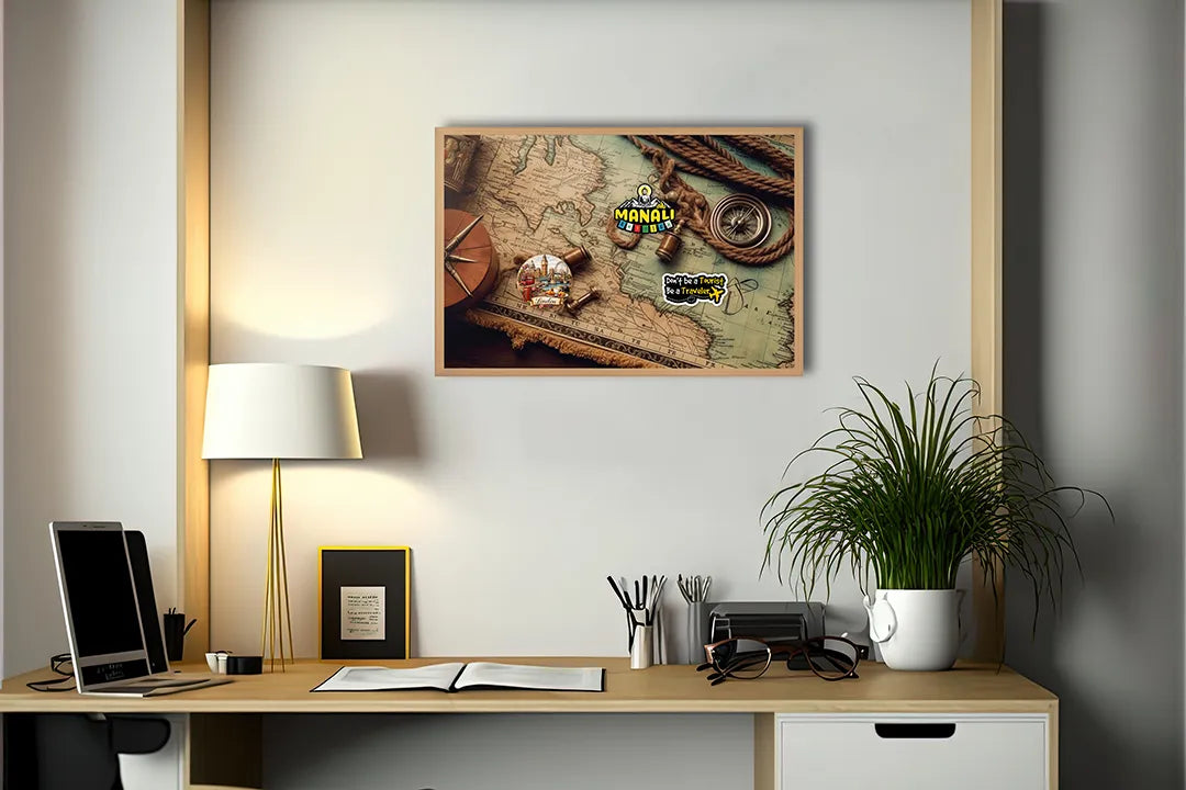 Metalen Magneetbord met print van Wereldkaart hout kompas perfect als decoratie