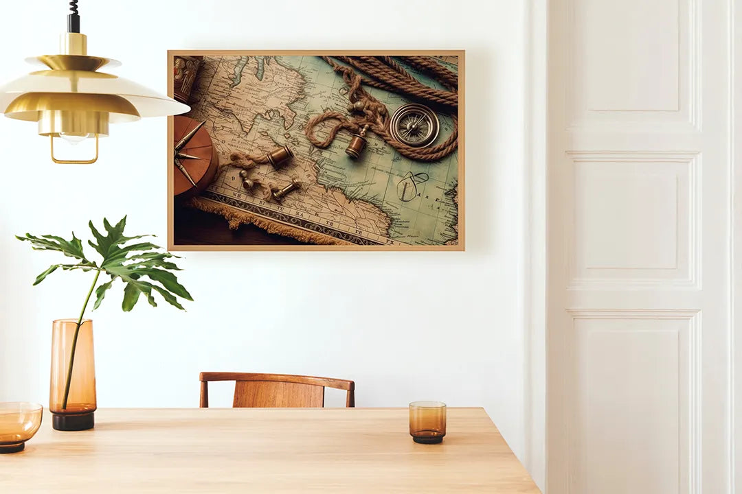 Metalen Magneetbord met print van Wereldkaart hout kompas perfect als decoratie