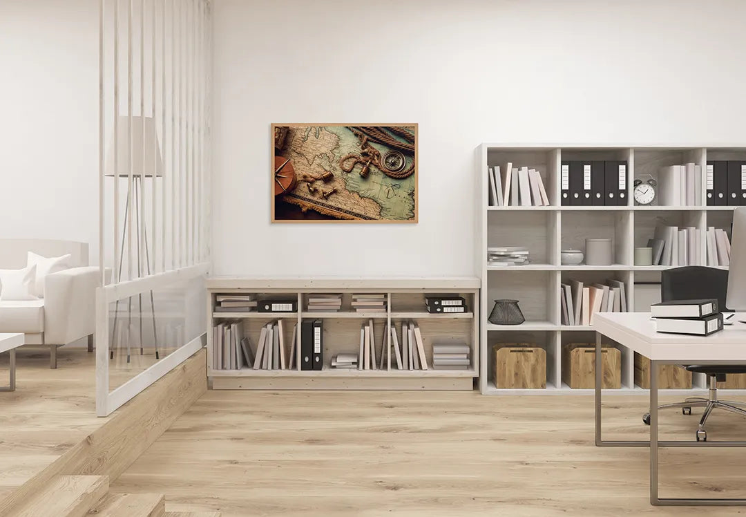Metalen Magneetbord met print van Wereldkaart hout kompas perfect als decoratie
