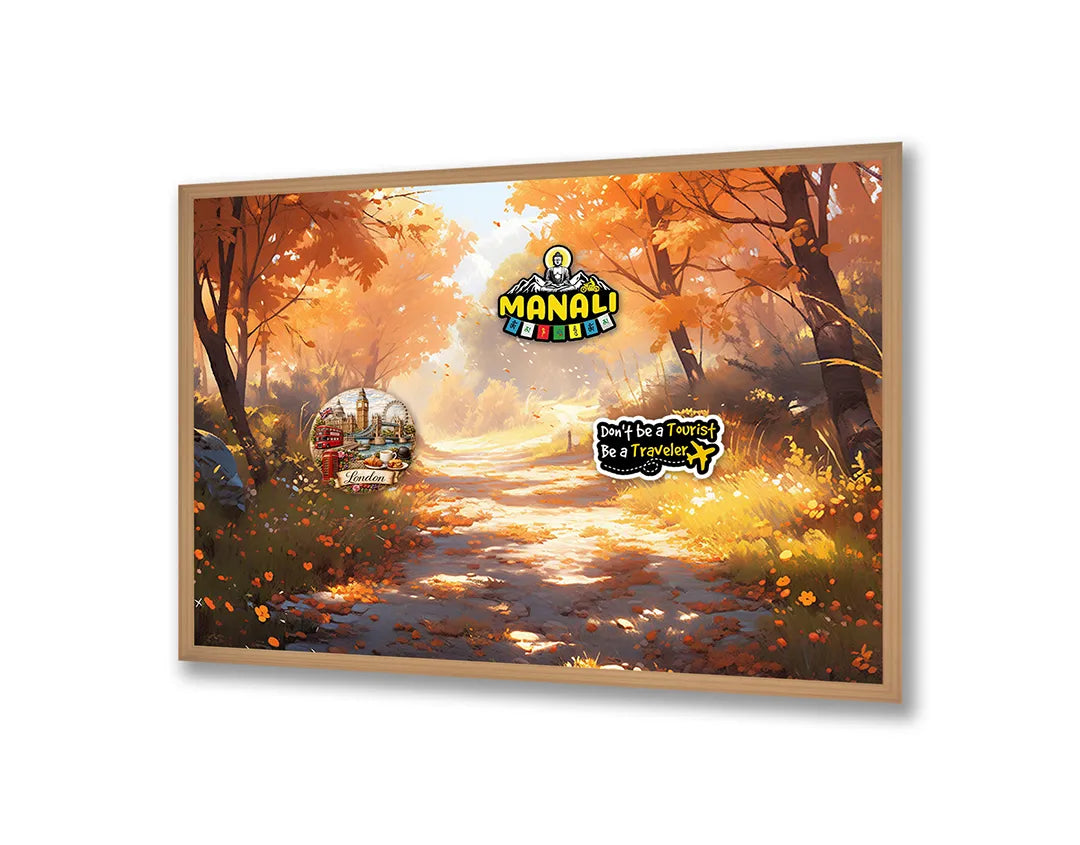 Metalen Magneetbord met print van Herfstbos pad zonsondergang perfect als decoratie