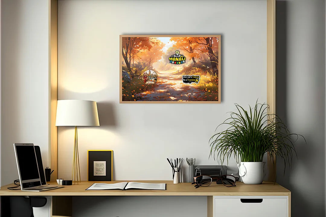 Metalen Magneetbord met print van Herfstbos pad zonsondergang perfect als decoratie