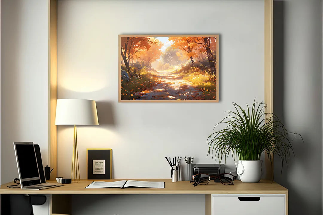 Metalen Magneetbord met print van Herfstbos pad zonsondergang perfect als decoratie