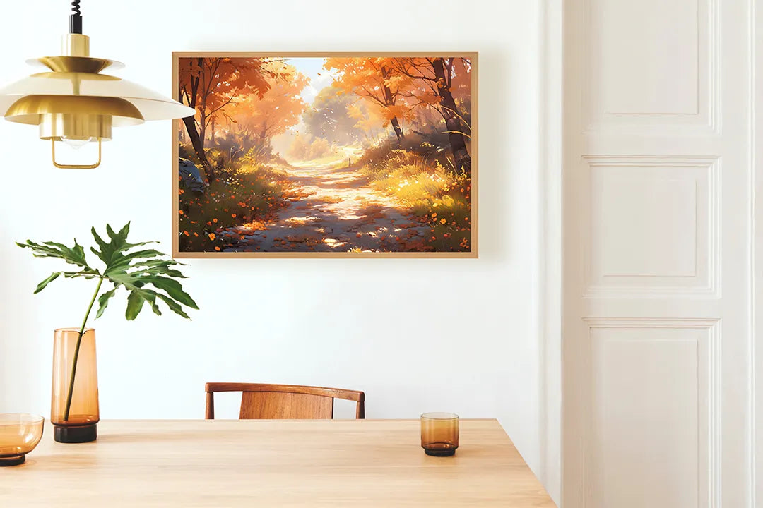Metalen Magneetbord met print van Herfstbos pad zonsondergang perfect als decoratie