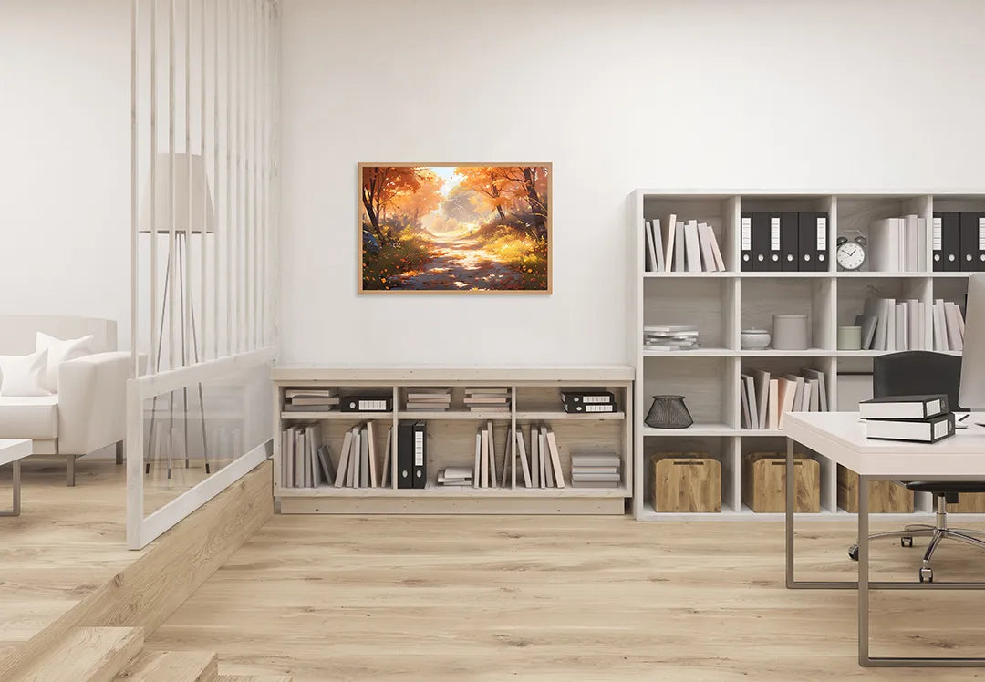 Metalen Magneetbord met print van Herfstbos pad zonsondergang perfect als decoratie