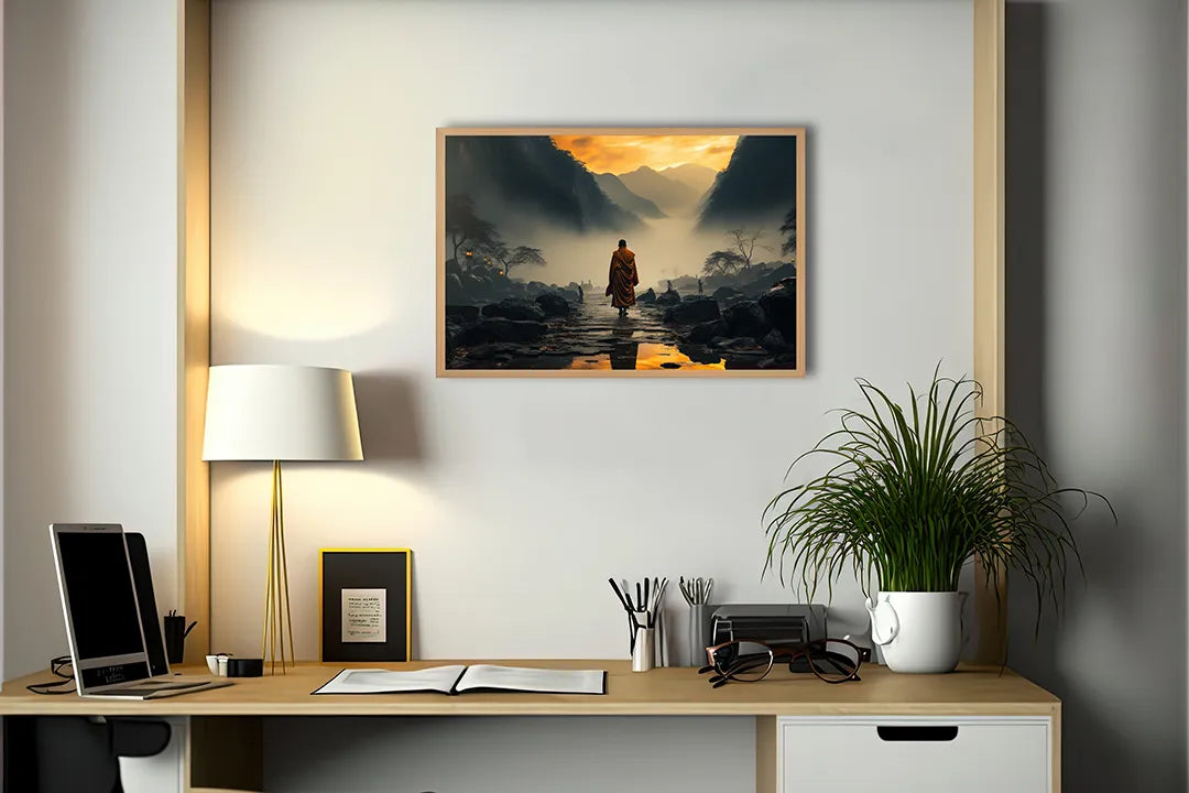 Metalen Magneetbord met print van Monnik in mistige bergen perfect als decoratie