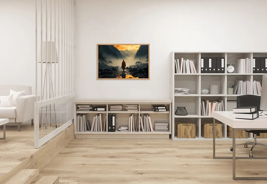 Metalen Magneetbord met print van Monnik in mistige bergen perfect als decoratie