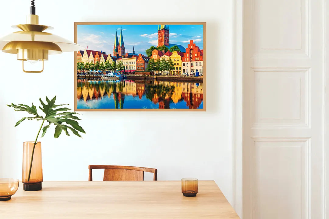 Metalen Magneetbord met afbeelding van gekleurde Amsterdamse grachtenpanden in vrolijke kleuren kleuren