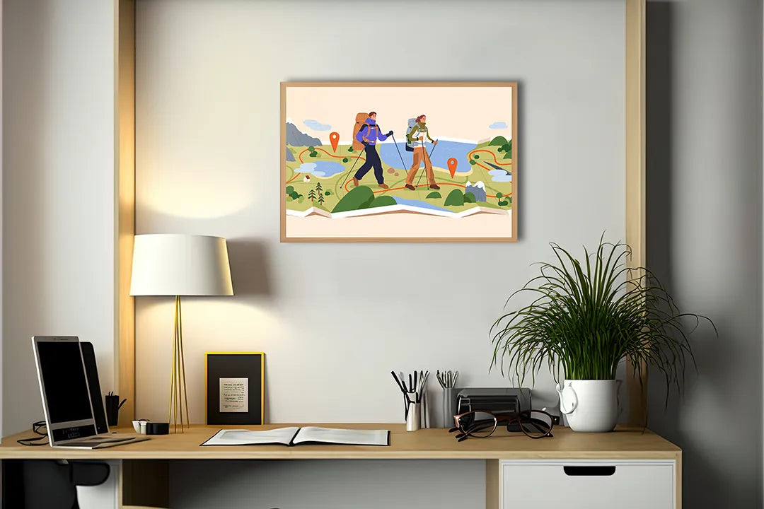 Metalen Magneetbord met print van Wandelaars in bergen illustratie perfect als decoratie