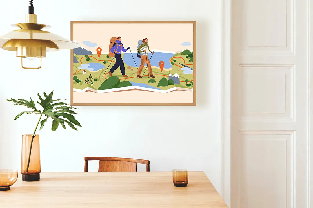 Metalen Magneetbord met print van Wandelaars in bergen illustratie perfect als decoratie