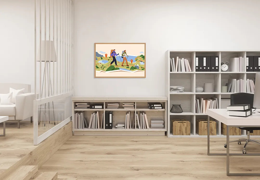 Metalen Magneetbord met print van Wandelaars in bergen illustratie perfect als decoratie