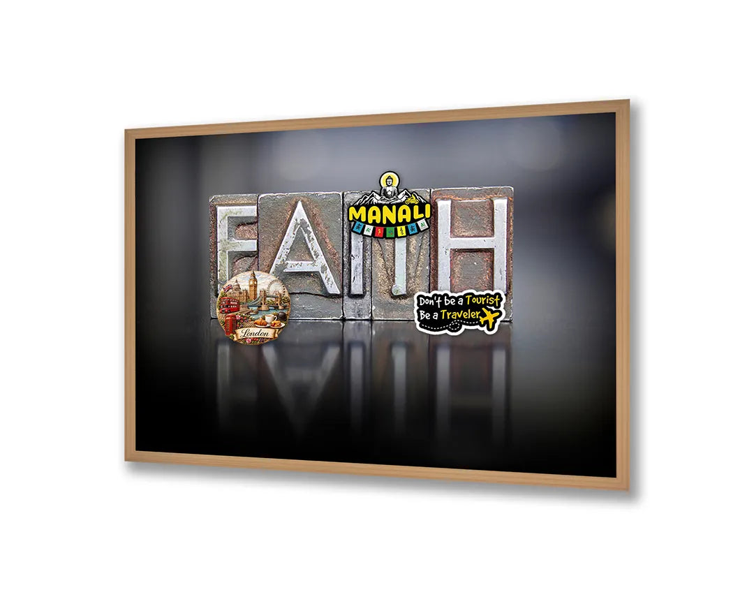 Metalen Magneetbord met afbeelding van FAITH tekst met reflectie in donker met lichtaccenten kleuren