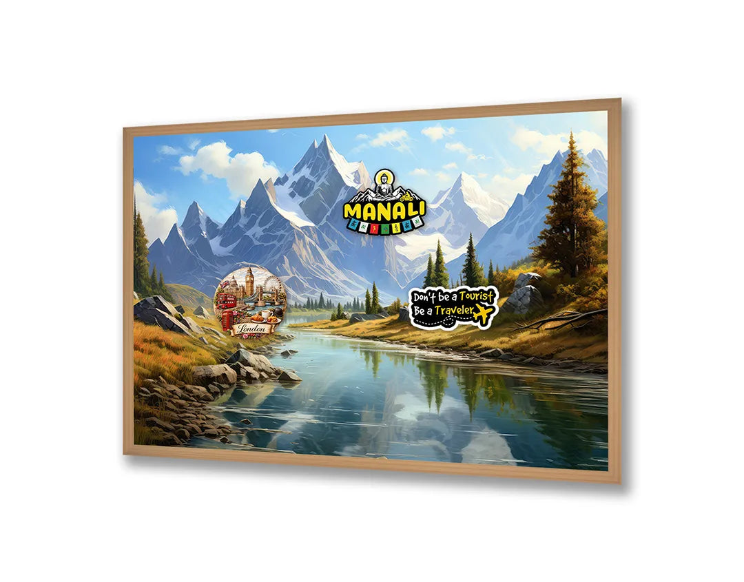 Metalen Magneetbord met print van Besneeuwde bergen en rivier perfect als decoratie
