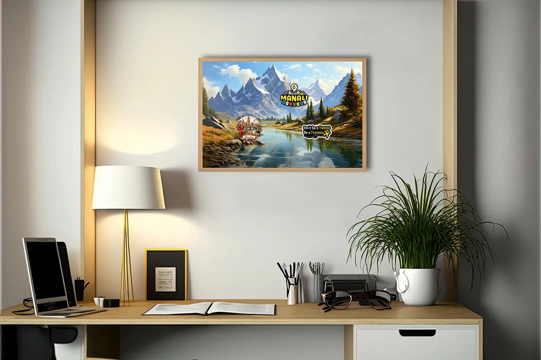 Metalen Magneetbord met print van Besneeuwde bergen en rivier perfect als decoratie