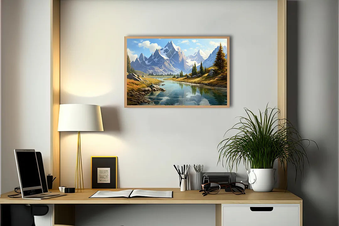 Metalen Magneetbord met print van Besneeuwde bergen en rivier perfect als decoratie